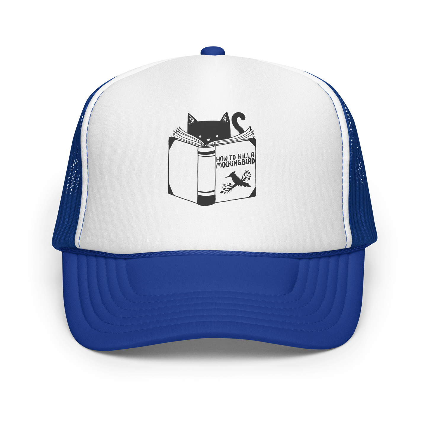 A black and white illustration features a cat peeking over an open book titled 'How to Kill a Mockingbird,' playfully altering the classic novel's title. The cat has a heart-shaped nose and simple, cute facial features. The design is whimsical and ironic, combining classic literature with a humorous twist.