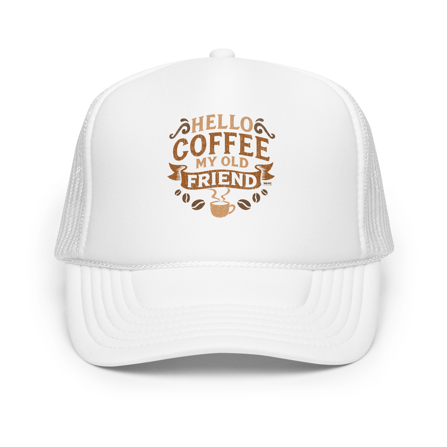 Vintage-style graphic featuring the phrase “Hello Coffee My Old Friend” in bold brown lettering, surrounded by decorative flourishes, coffee beans, and a steaming coffee cup.