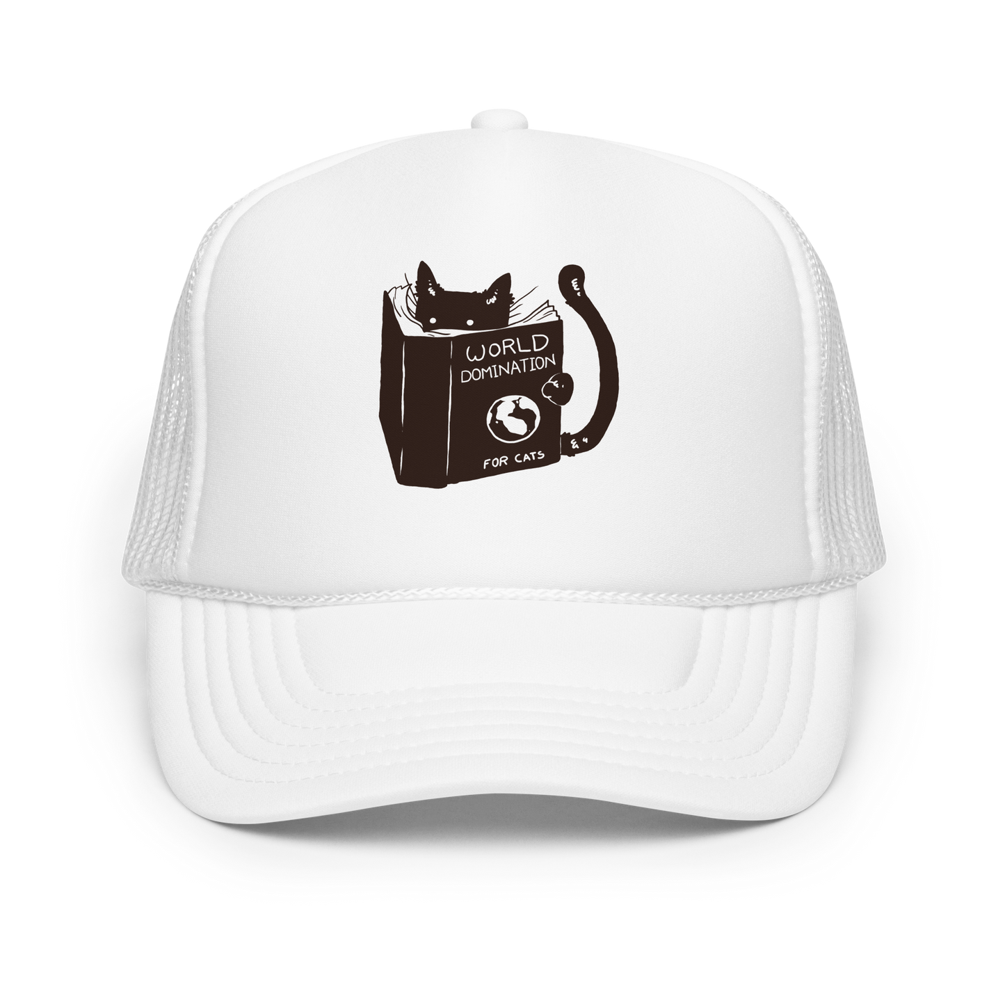 The design features a black silhouette of a cat peeking from behind an oversized book. The book's cover reads 'World Domination for Cats,' and includes a simple drawing of a globe. The cat's eyes are wide open, suggesting either surprise or intense focus on its 'world domination' plans.