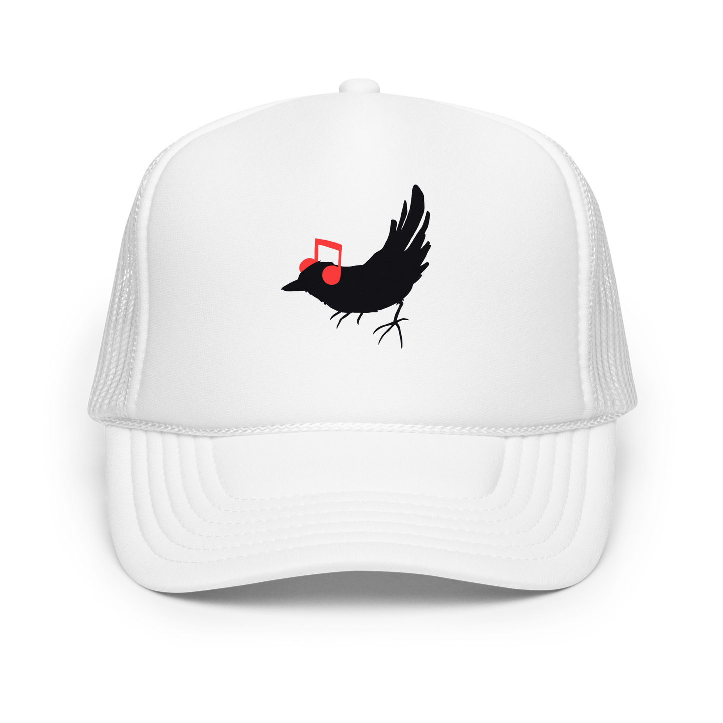 The drawing is a black silhouette of a bird in profile, standing on the ground, with bright red musical notes positioned like headphones over its ears, creating a whimsical and playful contrast. The drawing is simple, using solid colors and minimal details, giving it a modern and fun feel suitable for various merchandise like t-shirts, stickers, coffee cups, and skateboards.