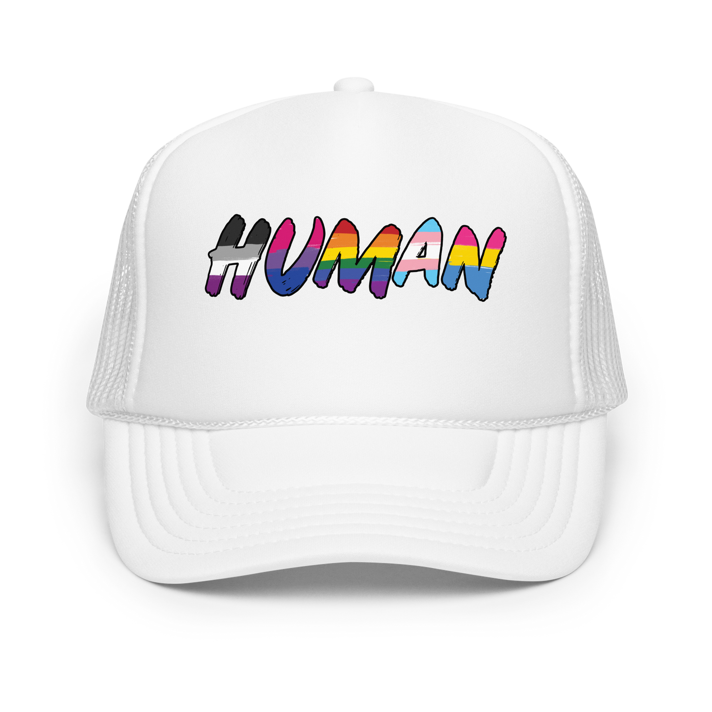 The image displays the word 'HUMAN' in bold, capitalized letters filled with colorful pride flag patterns. The colors within the letters represent different LGBTQ+ pride flags, symbolizing inclusivity and diversity. The background is solid black, which makes the colorful patterns stand out more vibrantly.