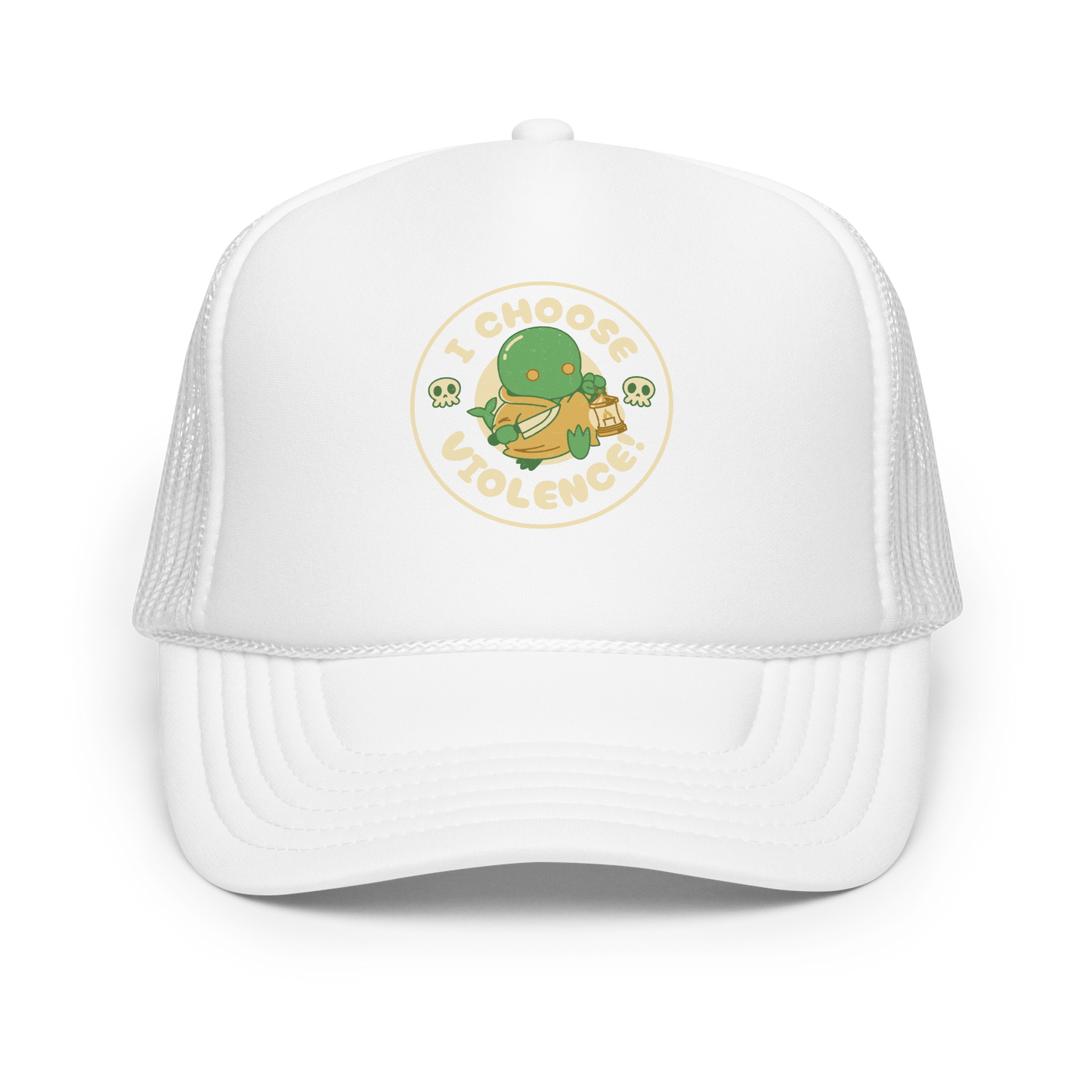 Cute green fantasy creature holding a lantern and a small weapon, surrounded by skull icons and the bold phrase “I Choose Violence!” in a circular badge-style design.