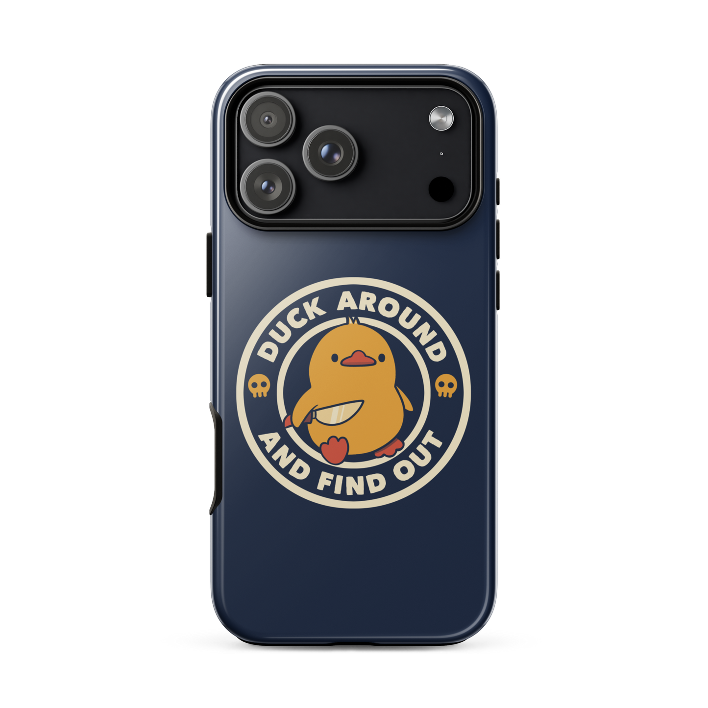 A cute yellow duck holding a small knife, around it the text "Duck Around And Find Out". An art that mixes humor with the temperament of ducks.