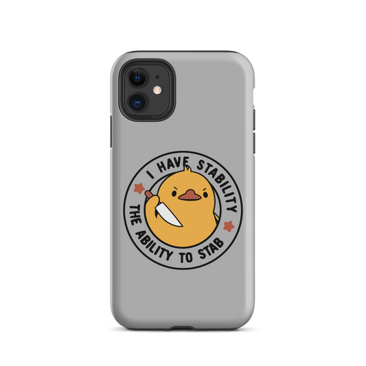 A cute duckling holding a knife with an angry face. Wrapped with a funny phrase that says "I Have Stability The Ability To Stab". This is an art that combines a famous internet meme about duck temperament with a clever pun. The perfect gift for people who like smart humor.