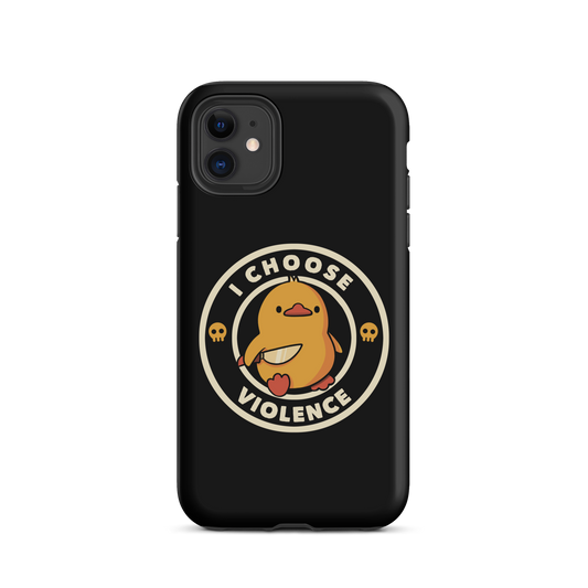 A cute, cartoon-style yellow duckling stands confidently holding a large knife in its wing. The duckling is encircled by text saying 'I CHOOSE VIOLENCE' in bold white letters. Small skull symbols flank the chick on either side, adding a touch of humor and irony to the otherwise adorable drawing.