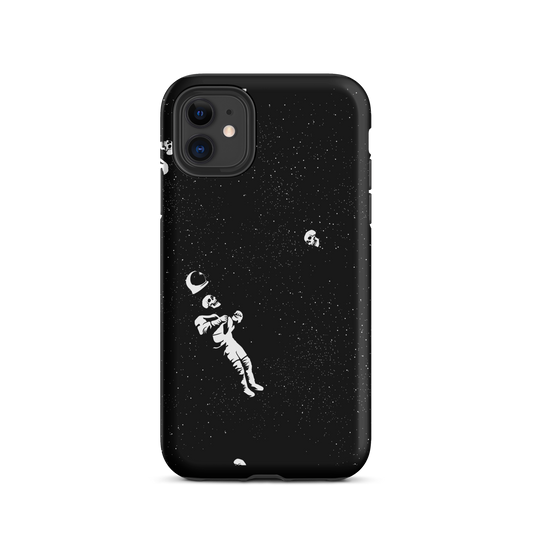 This image features a white astronaut figures floating in a dark, starry space background. The astronaut is surrounded by small celestial bodies and crescent moons, giving a sense of drifting through the cosmos. The design is intricate and has a whimsical, dreamy quality, with a vintage-inspired look, evoking a sense of exploration and wonder.