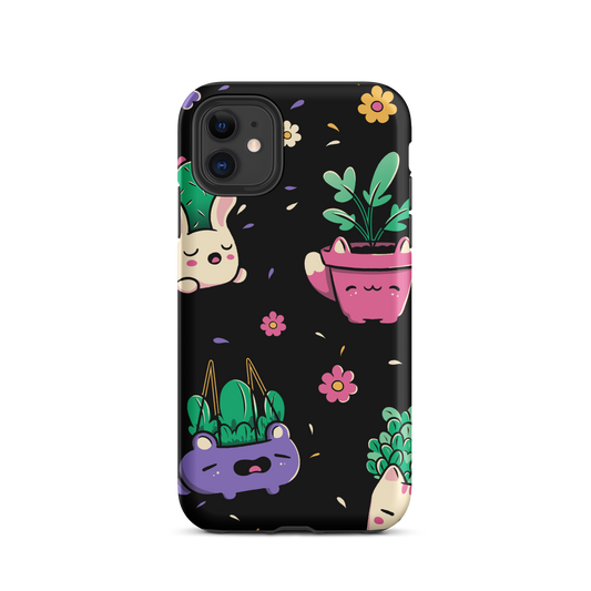 An endearing pattern featuring petite potted plants creatively shaped like adorable animals, arranged in a charming repeating composition. This enchanting design is perfect for plant enthusiasts who adore greenery and love surrounding themselves with whimsical, nature-inspired details.