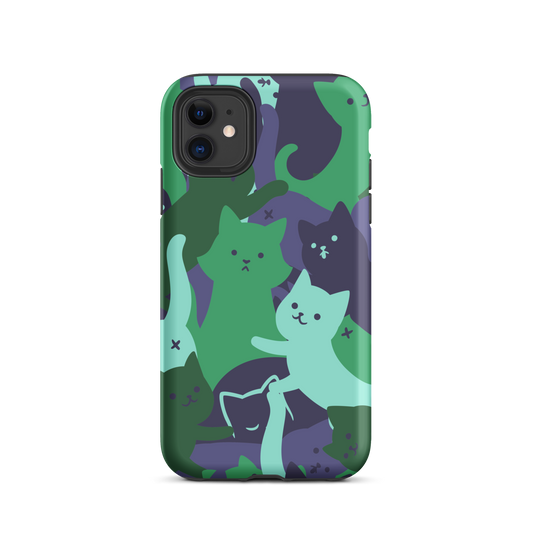A playful pattern featuring multiple kittens in shades of green and blue, arranged to create a soft camouflage effect. This design blends cute cats with a modern pattern aesthetic, perfect for fans of fun, stylish, and whimsical art.