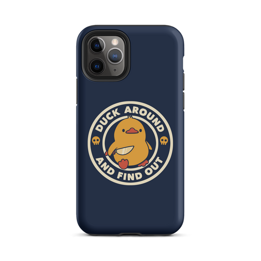 A cute yellow duck holding a small knife, around it the text "Duck Around And Find Out". An art that mixes humor with the temperament of ducks.