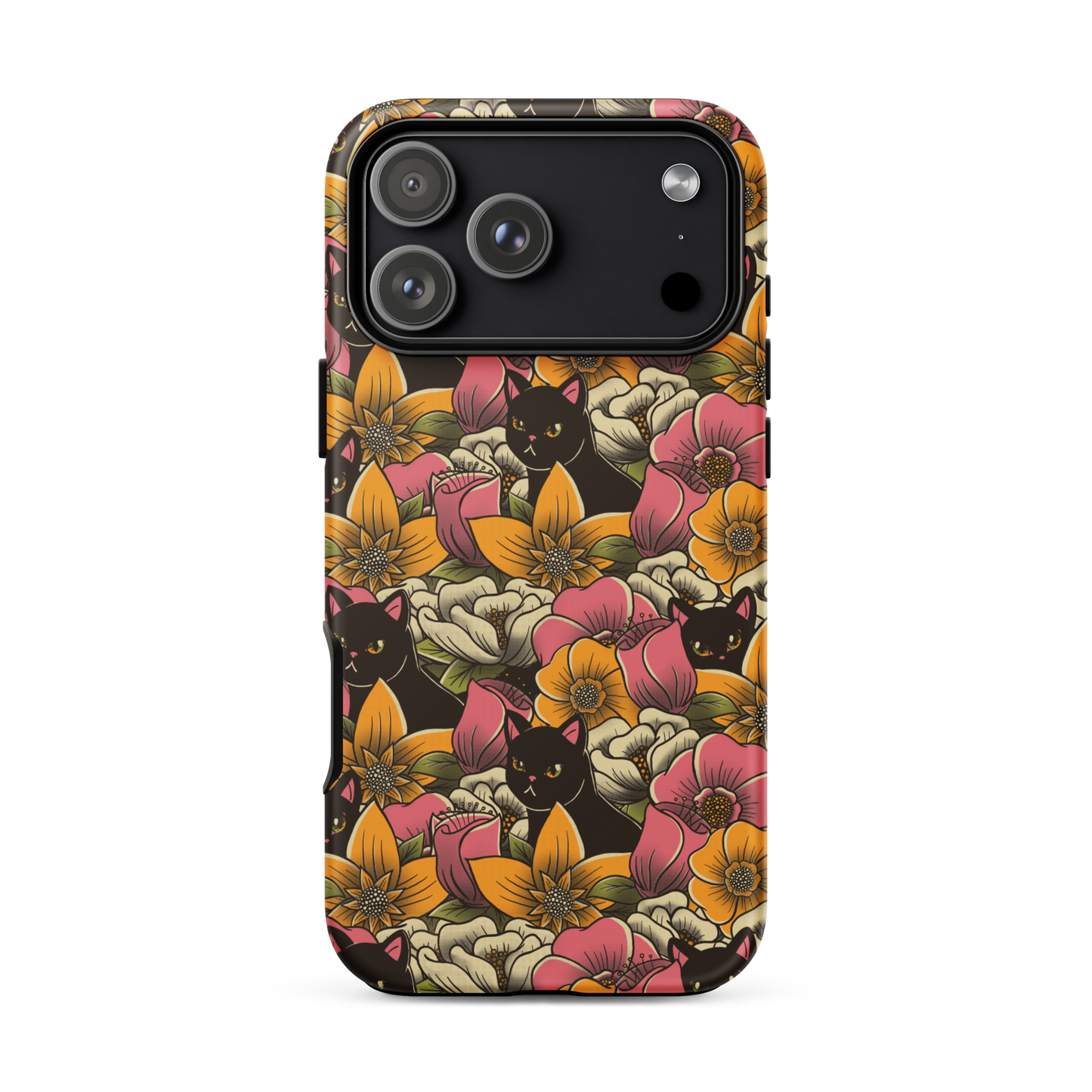 The image features a repeating pattern of colorful flowers in pink, yellow, and cream hues with lush green foliage. Interspersed among the flowers are playful black cats with bright eyes. The design has a whimsical and vibrant feel, ideal for various products like t-shirts, stickers, coffee cups, and skateboards. The style is reminiscent of traditional floral art blended with playful elements of animal decor.