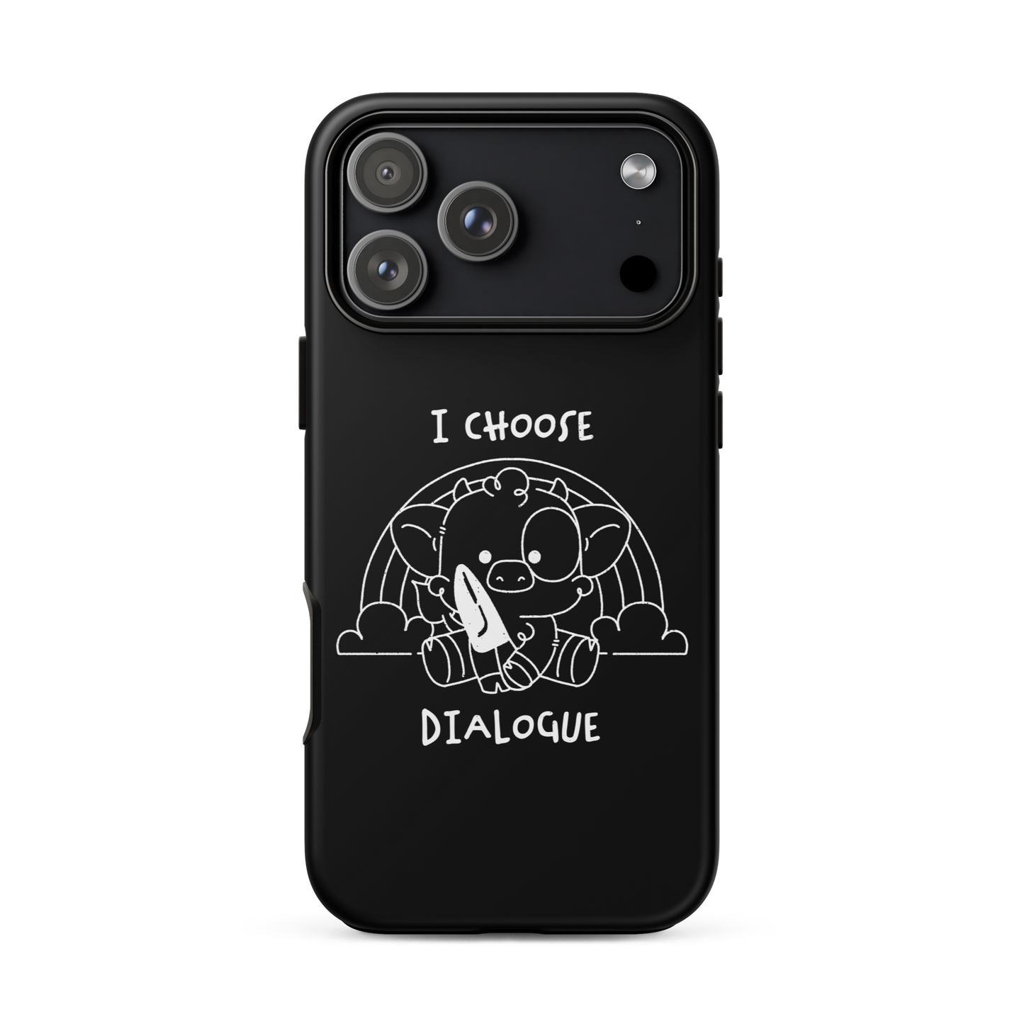 An adorable cow holds a knife while sitting in front of a rainbow, accompanied by the phrase “I Choose Dialogue.” This design combines sweetness and irony to create a fun and unexpected contrast. It’s a great gift for those who enjoy subtle humor and designs that combine cuteness with a touch of irreverence.