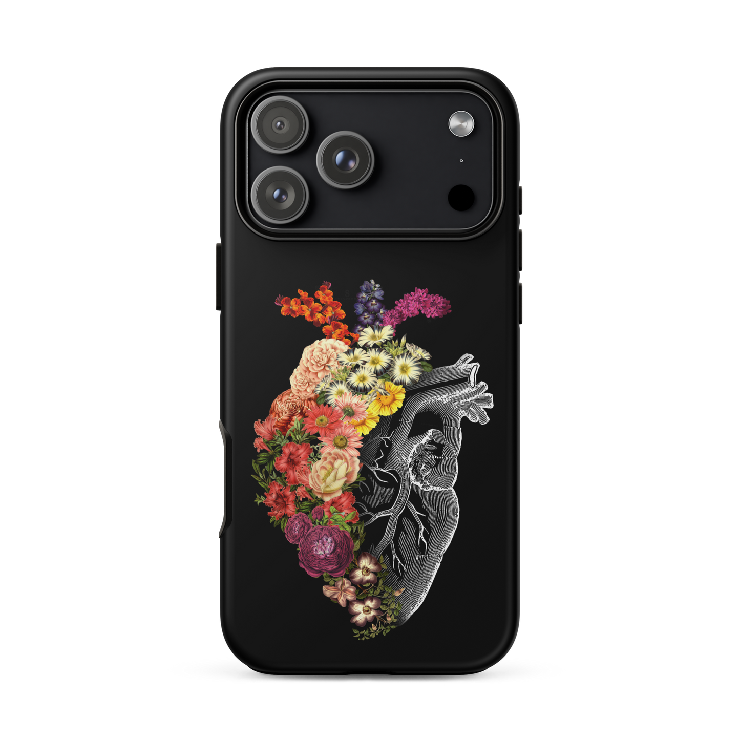 The design is an intricate and anatomical drawing of a human heart on a black background. The left side of the heart morphs into a vibrant assortment of colorful flowers, including roses, daisies, and other blooming blossoms, creating a striking contrast between the realistic and the surreal, symbolizing the harmony between nature and humanity.