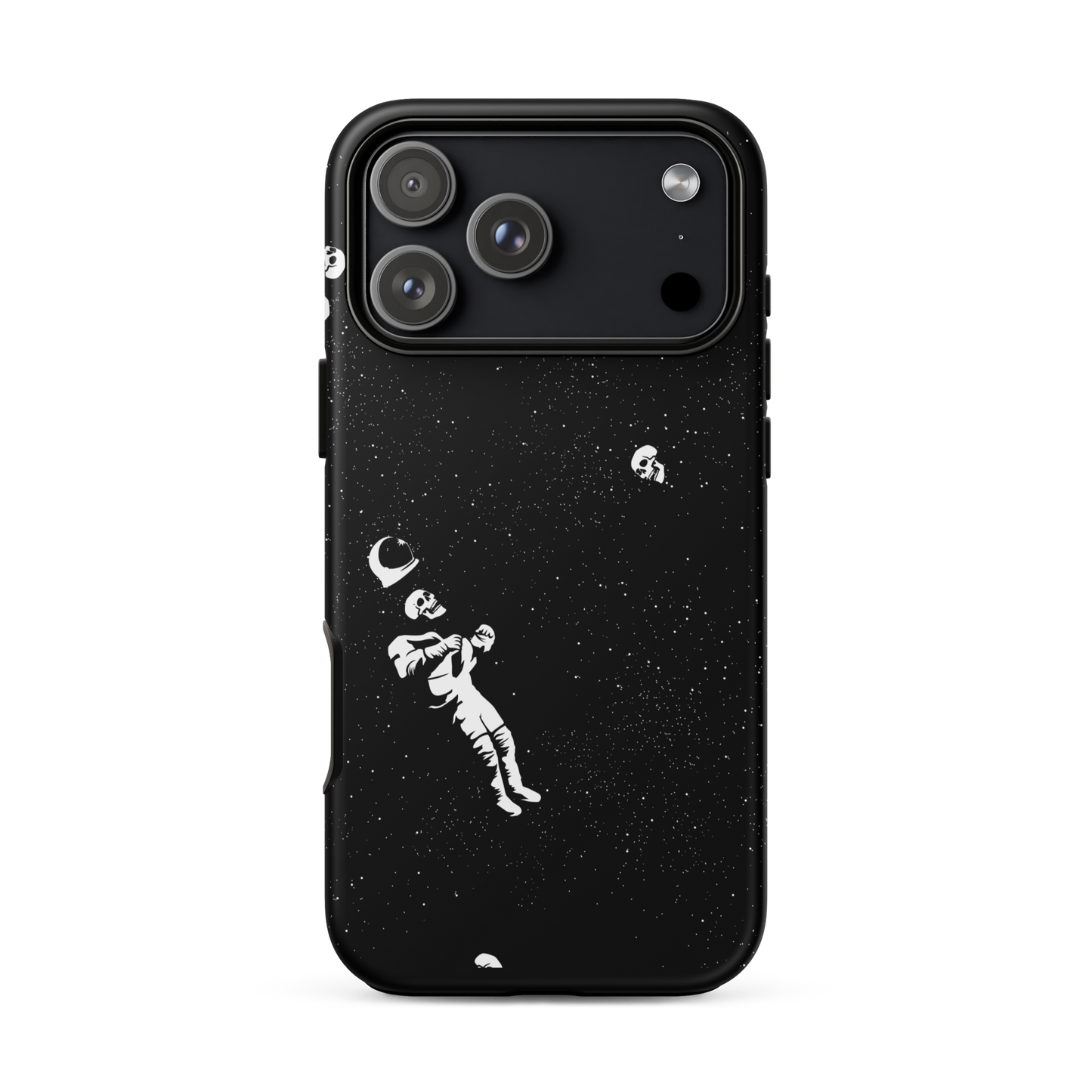 This image features a white astronaut figures floating in a dark, starry space background. The astronaut is surrounded by small celestial bodies and crescent moons, giving a sense of drifting through the cosmos. The design is intricate and has a whimsical, dreamy quality, with a vintage-inspired look, evoking a sense of exploration and wonder.