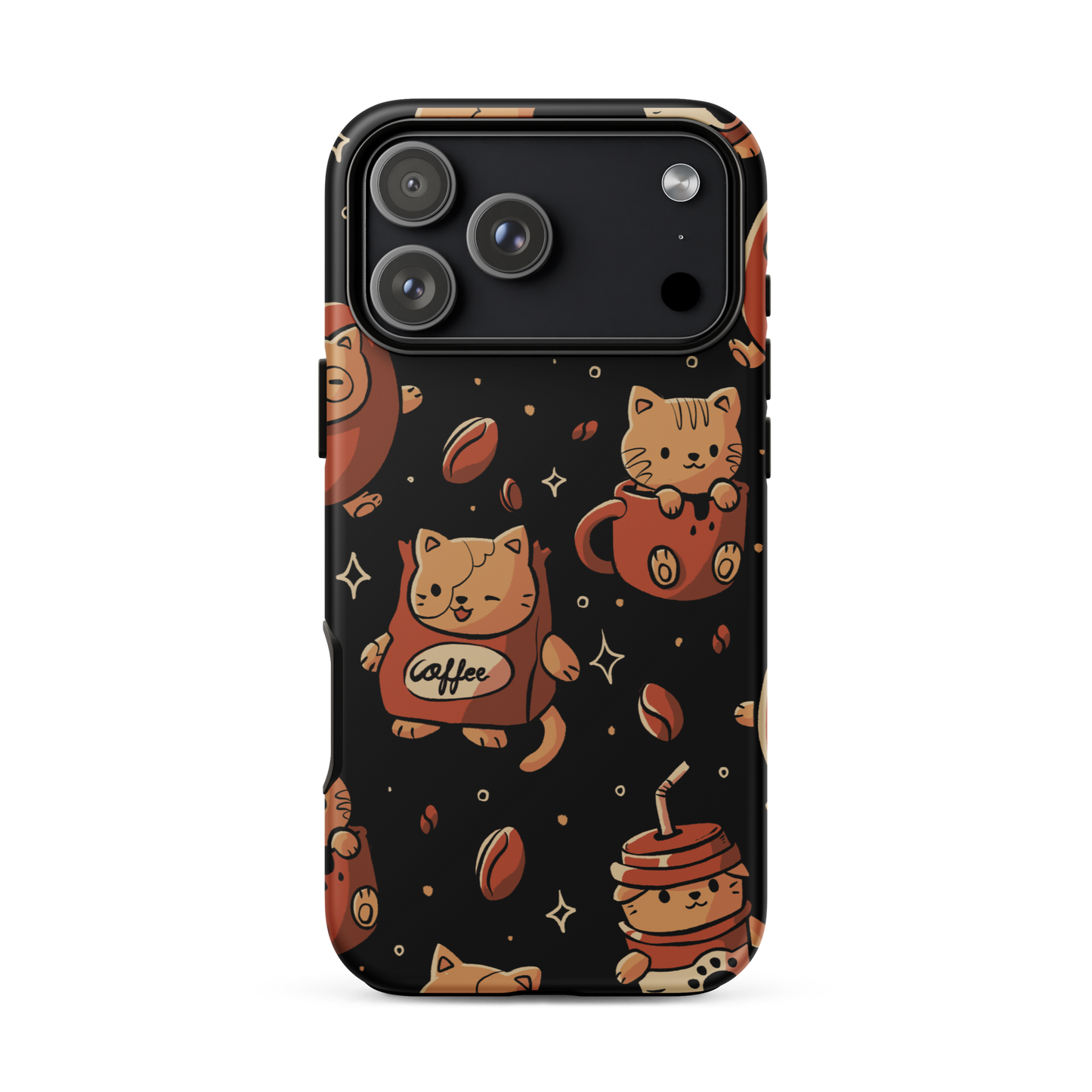 A pattern featuring several cute kittens appears in different coffee-themed versions: inside cups, as coffee beans, and on playful packaging. This artwork combines a love for cats and coffee in a charming and humorous composition. Perfect for cat lovers, coffee lovers, baristas, and anyone who enjoys cute and cozy designs.