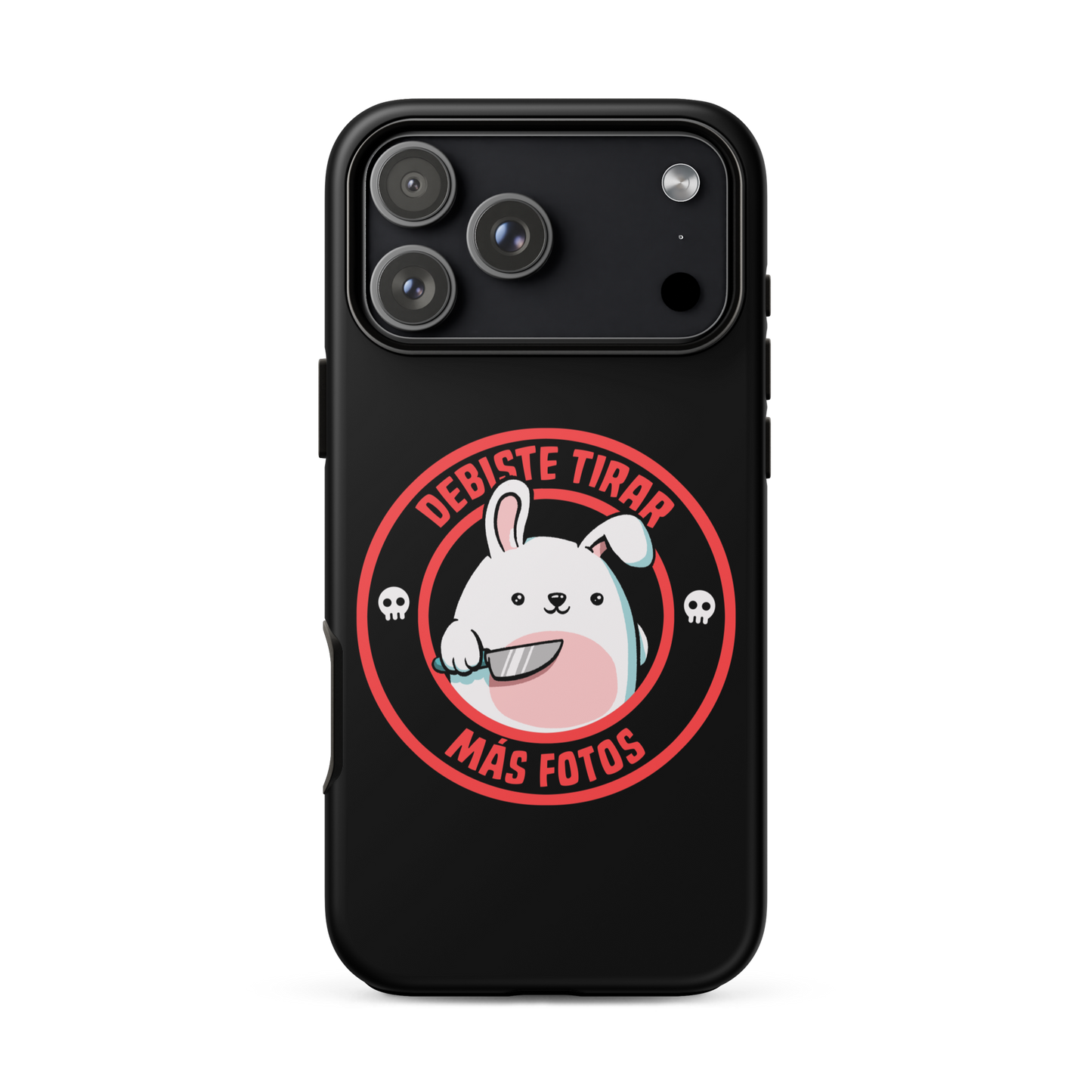A cute white cartoon bunny with a pink belly stands holding a large kitchen knife in one paw. Surrounding the bunny is a red circular border with the words 'DEBISTE TIRAR MÁS FOTOS'. Small skull icons are on either side of the circle. The overall tone is a mix of adorable and ironic humor.