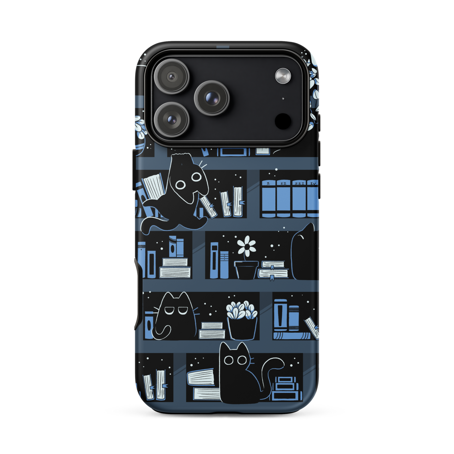 A pattern designed to resemble one large bookshelf filled with books, plants and playful little black kittens tucked between the shelves. An artwork in shades of black and blue, perfect for those who love cats, books and plants.
