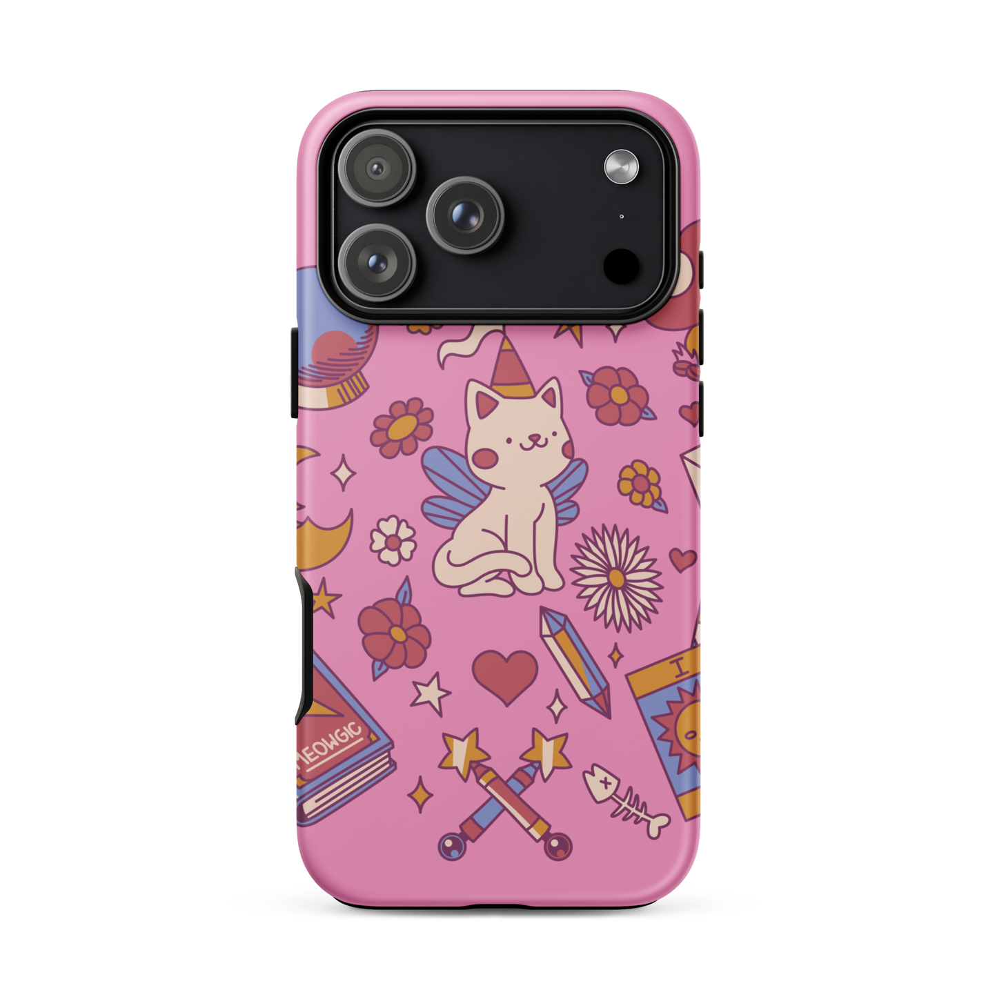 The artwork depicts a magical kitten with wings and a little hat, surrounded by crystals, flowers, tarot cards, mushrooms, and mystical elements in pastel shades. The design blends cute fantasy with colorful witchy aesthetics, creating an enchanting, lighthearted composition full of fun details. Perfect for lovers of cute mysticism, tarot, magical cats, and anyone who enjoys colorful prints with a magical vibe.