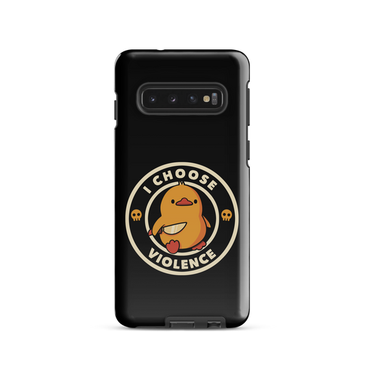 A cute, cartoon-style yellow duckling stands confidently holding a large knife in its wing. The duckling is encircled by text saying 'I CHOOSE VIOLENCE' in bold white letters. Small skull symbols flank the chick on either side, adding a touch of humor and irony to the otherwise adorable drawing.