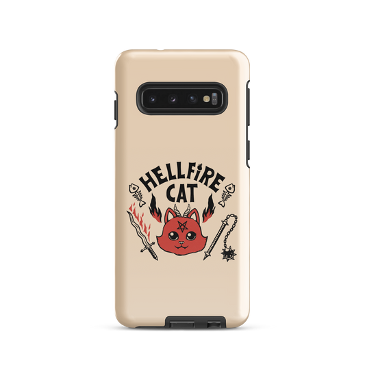 Vintage-style illustration of a cute red devil cat with small horns and a pentagram on its forehead, surrounded by flames, weapons, fish skeletons, and the bold phrase “Hellfire Cat” in a playful gothic design.