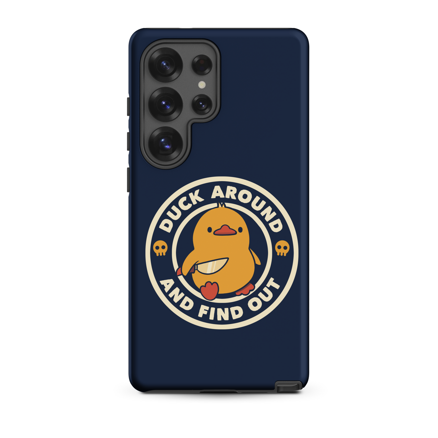 A cute yellow duck holding a small knife, around it the text "Duck Around And Find Out". An art that mixes humor with the temperament of ducks.