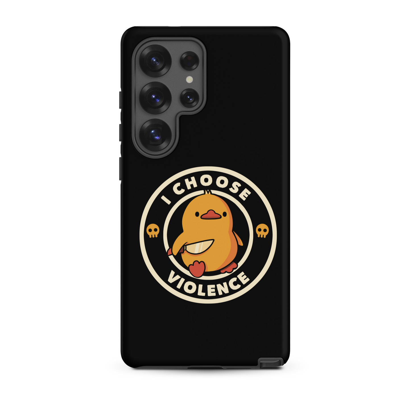 A cute, cartoon-style yellow duckling stands confidently holding a large knife in its wing. The duckling is encircled by text saying 'I CHOOSE VIOLENCE' in bold white letters. Small skull symbols flank the chick on either side, adding a touch of humor and irony to the otherwise adorable drawing.