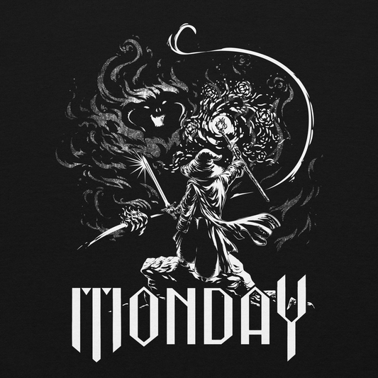 A white fantasy-style illustration showing a wizard standing on a rock, wielding a staff and sword, casting a spell toward a swirling dark, smoky monster with glowing eyes and mouth. The word “MONDAY” appears in large, bold, gothic letters at the bottom, symbolizing the wizard battling the chaos of Monday.