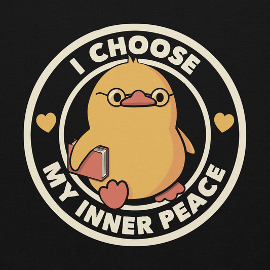 A cute yellow bird with a small tuft of feathers on its head is wearing round glasses and holding a red book. The bird has a determined expression. The image is encircled by the phrase 'I CHOOSE MY INNER PEACE' with two small hearts on each side.