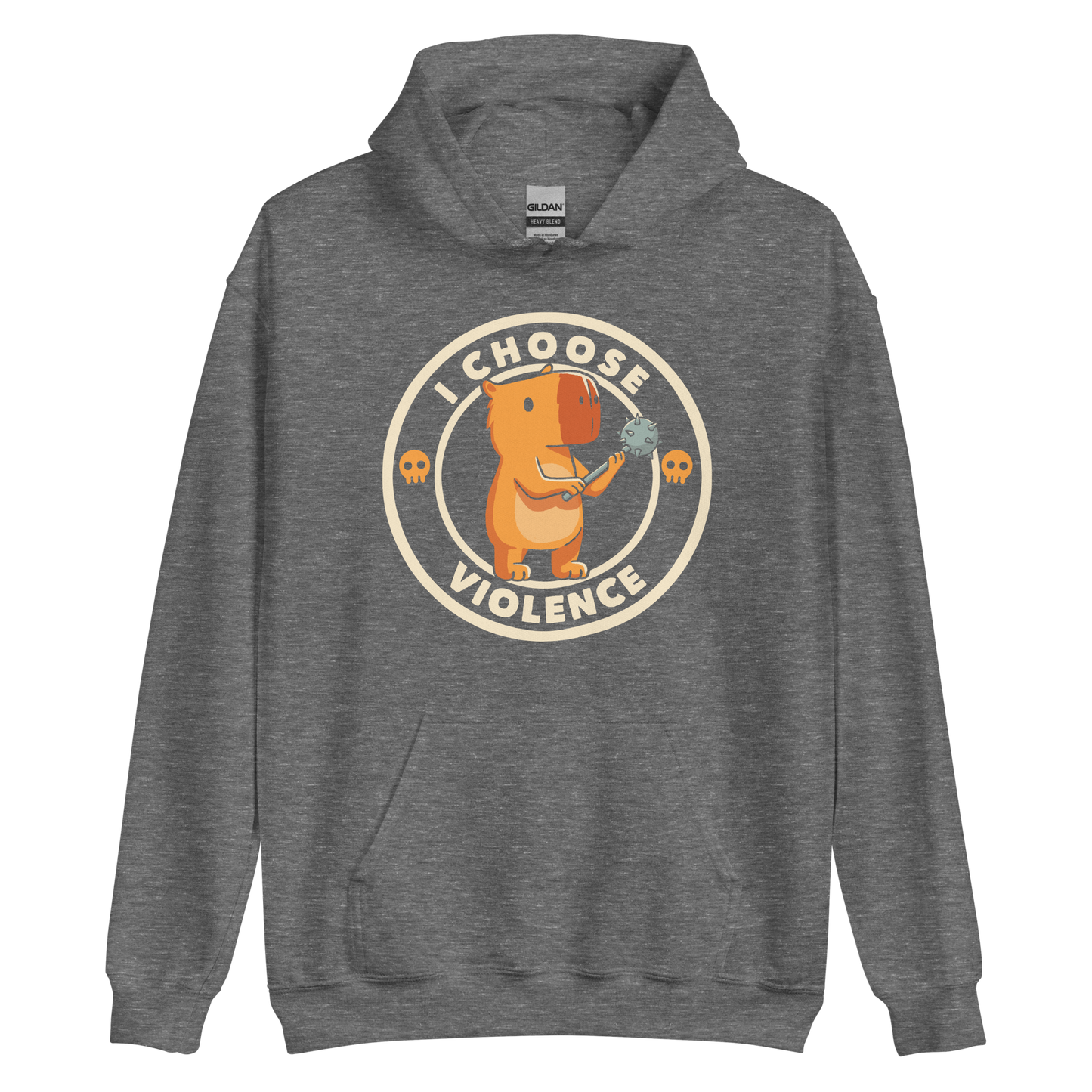 A cute, cartoonish burnt yellow capybara stands holding a spiked mace with a determined expression. Surrounding it is a circular design with the text 'I CHOOSE VIOLENCE' and two small skulls on either side, giving it a humorous yet ironic tone.
