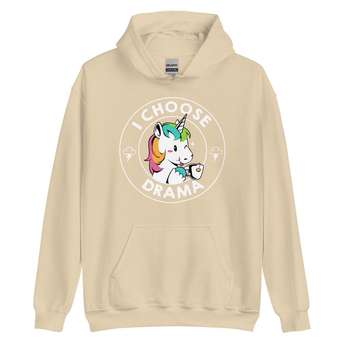 A cartoon unicorn with rainbow-colored mane holds a cup of tea and a heart, encircled by the words 'I Choose Drama'. Two small clouds with lightning bolts flank the unicorn, adding a playful yet slightly edgy vibe. The design is bold and whimsical with a pop-art influence.