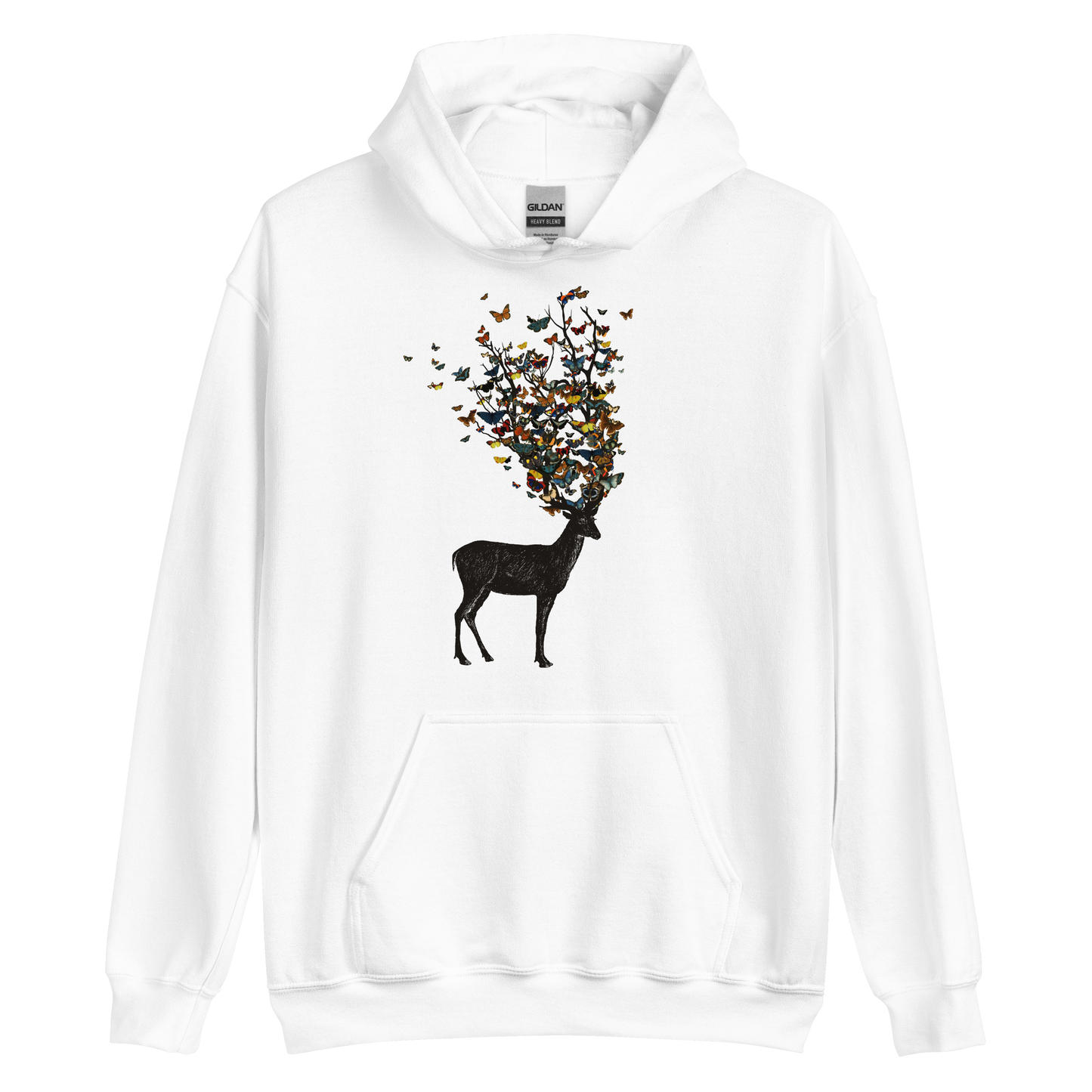 The image depicts a dark, silhouetted deer standing on a neutral background. Instead of branches, its antlers transform into a swirling cloud of vibrant, colorful butterflies that extend upwards and outward. The mix of organic and ethereal elements creates a captivating and whimsical visual contrast.
