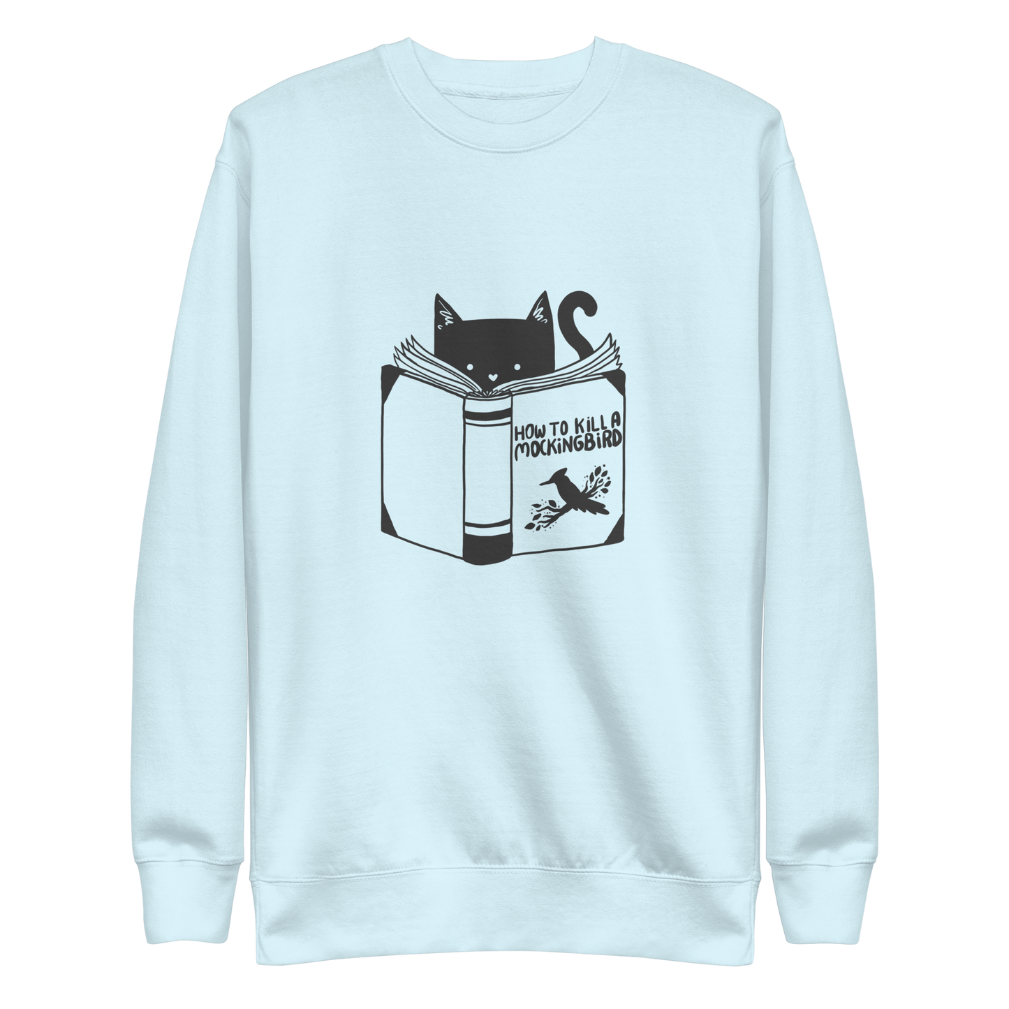 A black and white illustration features a cat peeking over an open book titled 'How to Kill a Mockingbird,' playfully altering the classic novel's title. The cat has a heart-shaped nose and simple, cute facial features. The design is whimsical and ironic, combining classic literature with a humorous twist.