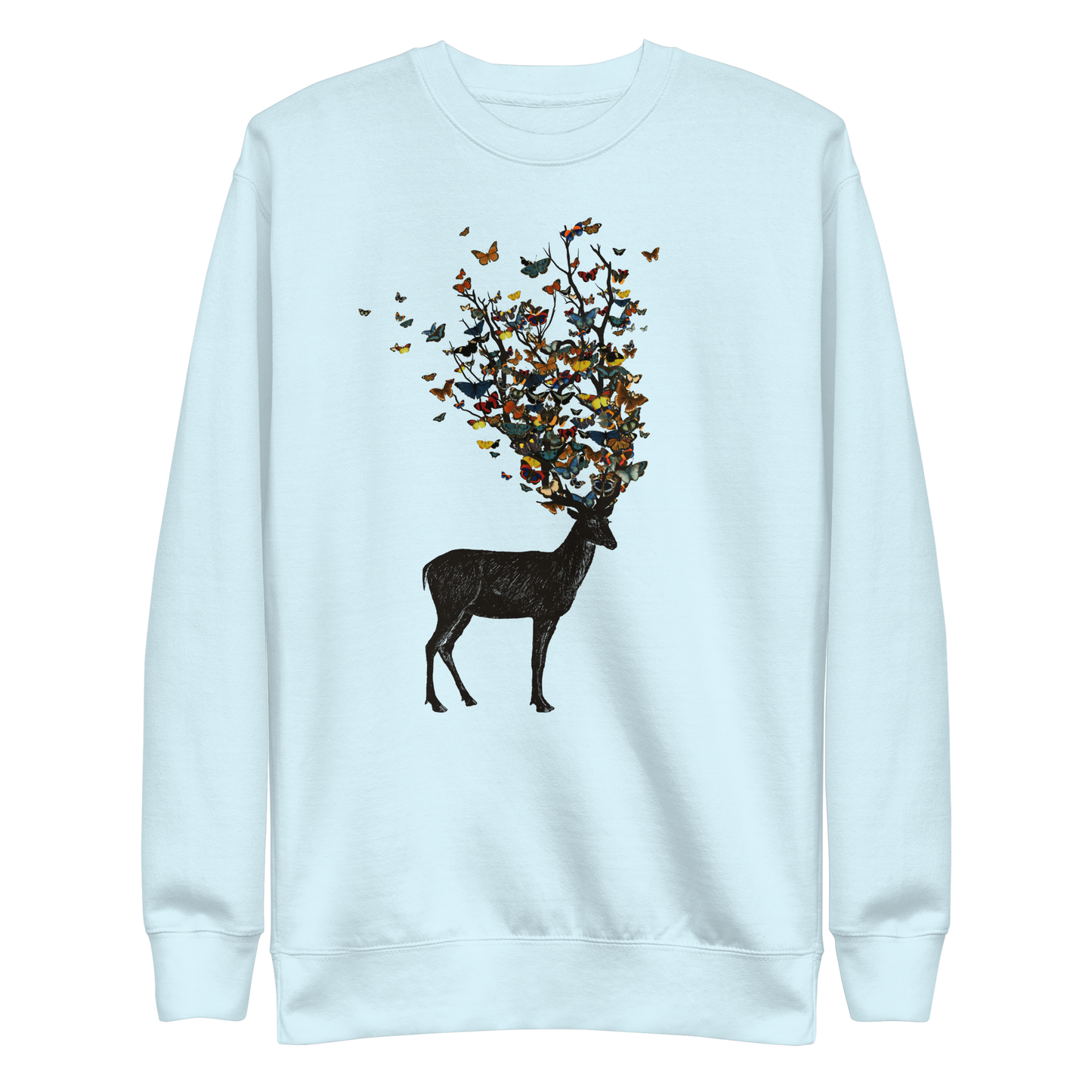 The image depicts a dark, silhouetted deer standing on a neutral background. Instead of branches, its antlers transform into a swirling cloud of vibrant, colorful butterflies that extend upwards and outward. The mix of organic and ethereal elements creates a captivating and whimsical visual contrast.