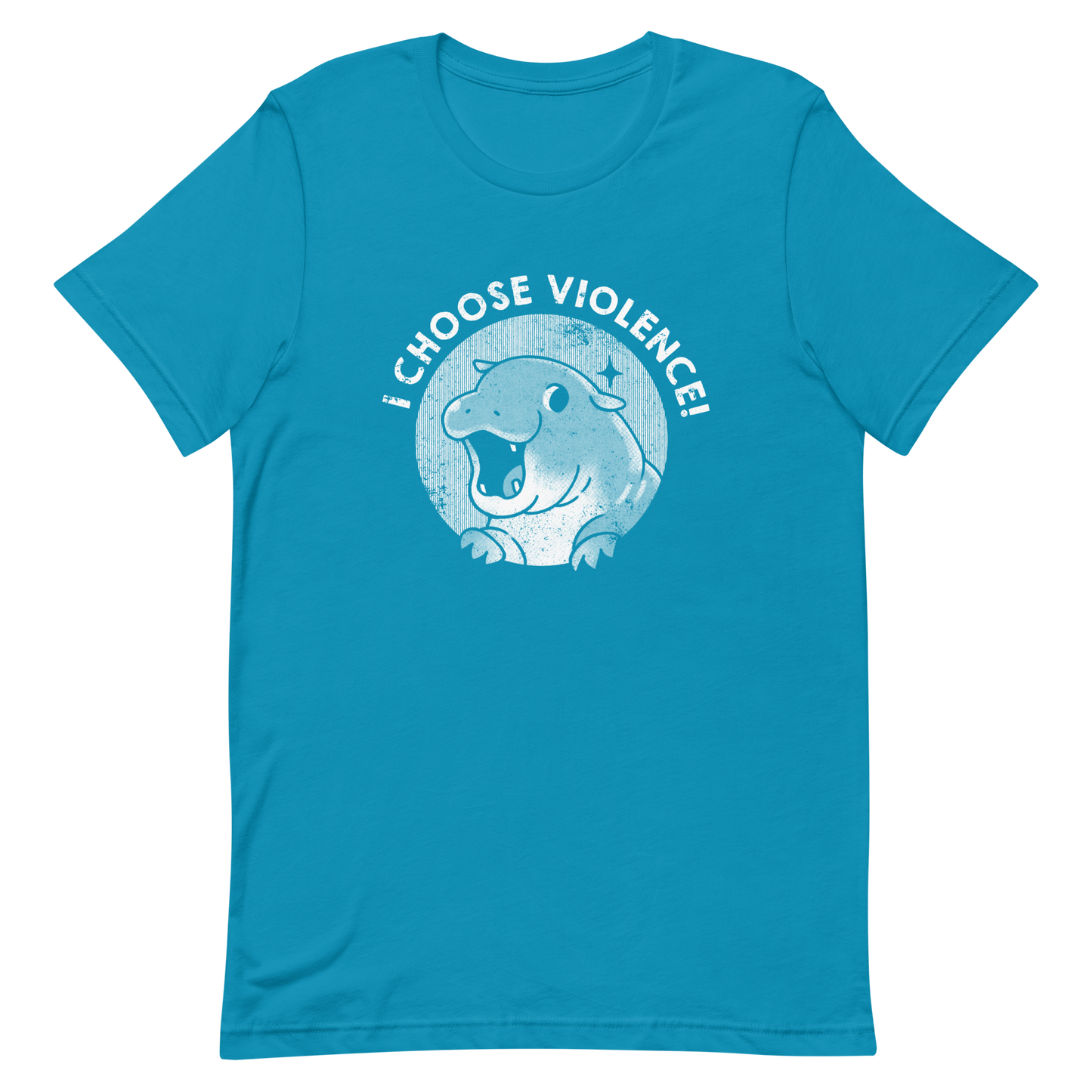The image features a cartoonish illustration of a happy, open-mouthed hippo with paws raised, set within a circular design. Above it, bold text reads 'I CHOOSE VIOLENCE!' The design is monochrome with a textured, retro print style, suggesting a playful yet ironic tone.