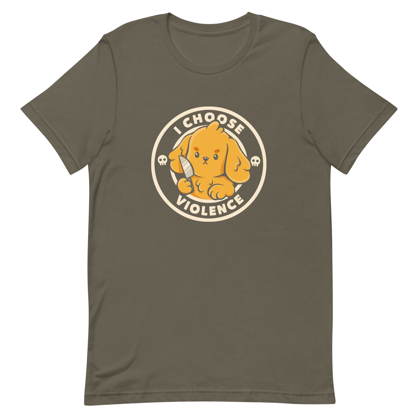 A cute yellow cartoon dog holds a small knife, surrounded by a circular logo that reads 'I Choose Violence'. The dog's expression is serious, yet the overall style is playful and cute. Two small skull icons are on either side, adding an ironic tone to the cheerful design.