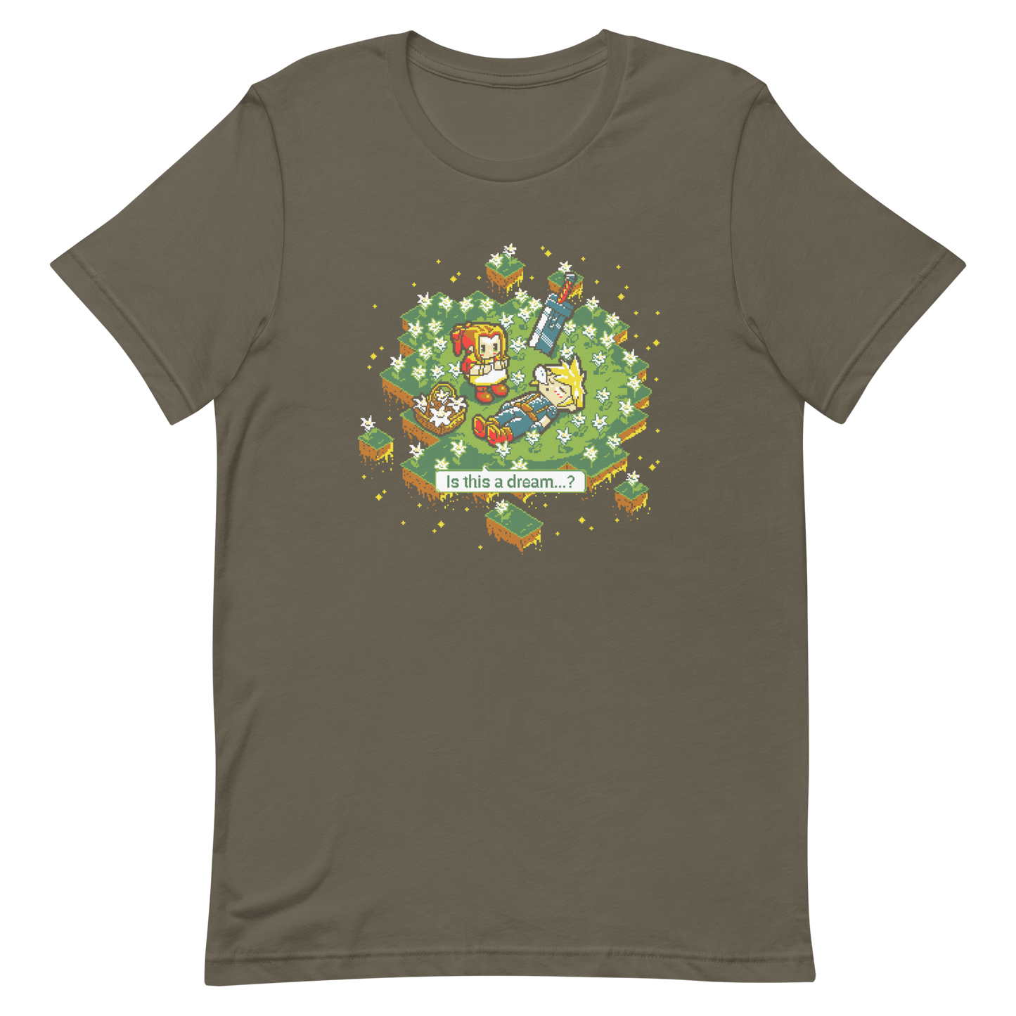 A peaceful pixel scene featuring a dreamy moment between two characters in a floating flower field.