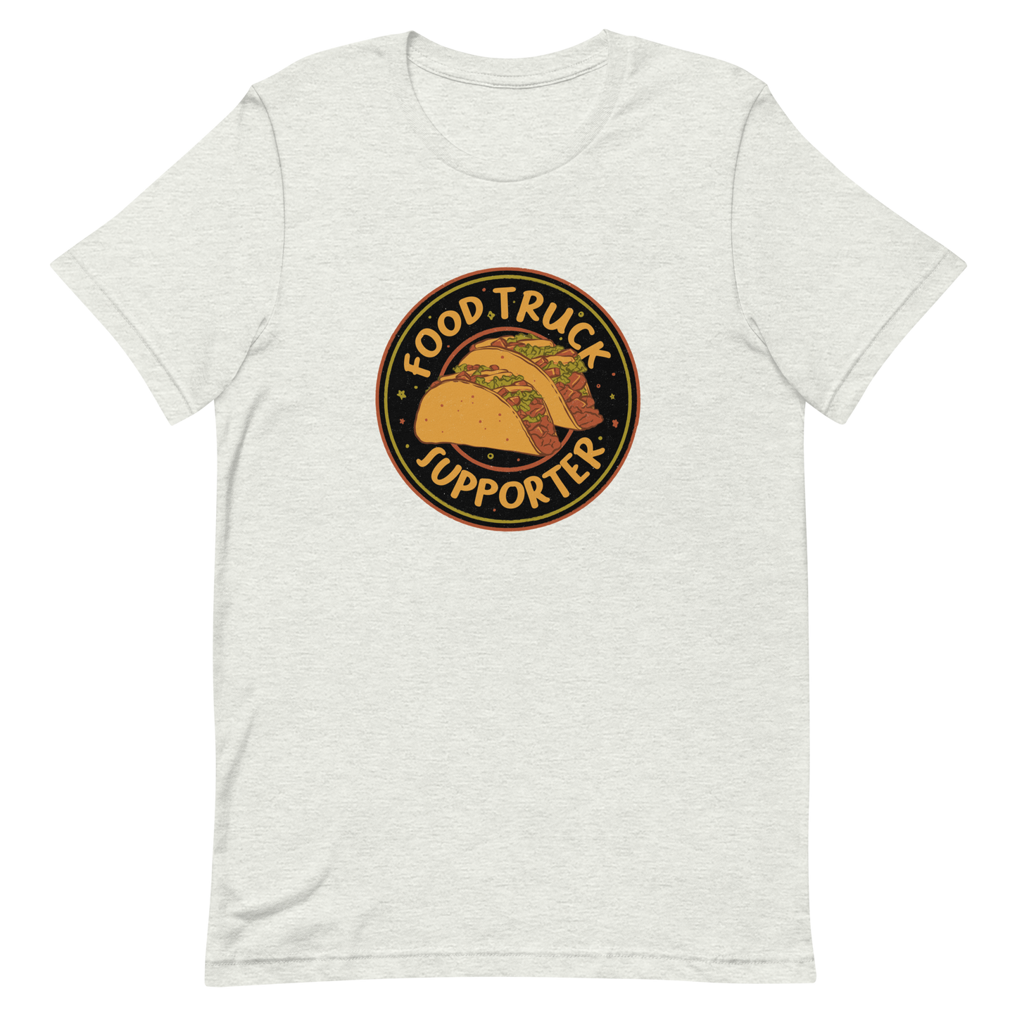 Two delicious tacos sit at the center of a bold circular badge under the phrase “Food Truck Supporter”. This design celebrates the love for street food and the joy of discovering amazing flavors on wheels. Perfect for foodies, taco lovers, and anyone who proudly supports their local food trucks.