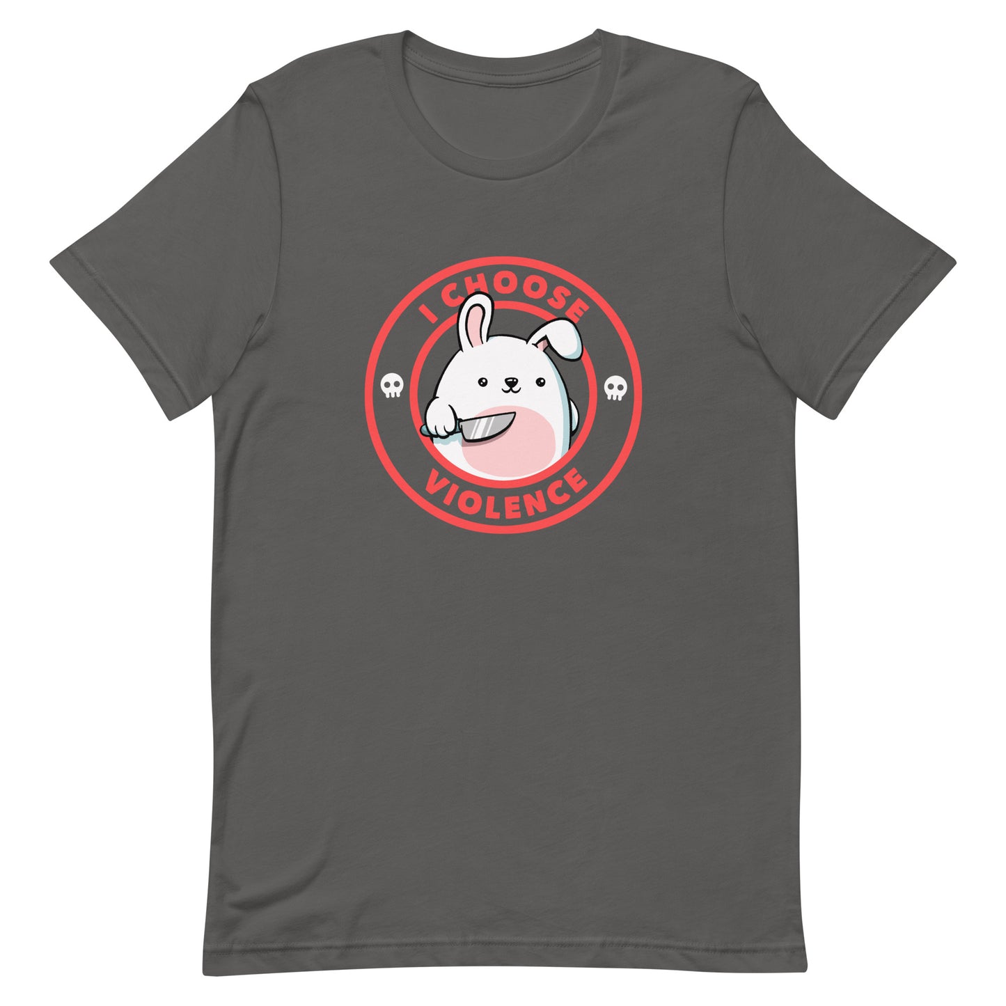 A cute white cartoon bunny with a pink belly stands holding a large kitchen knife in one paw. Surrounding the bunny is a red circular border with the words 'I CHOOSE VIOLENCE'. Small skull icons are on either side of the circle. The overall tone is a mix of adorable and ironic humor.