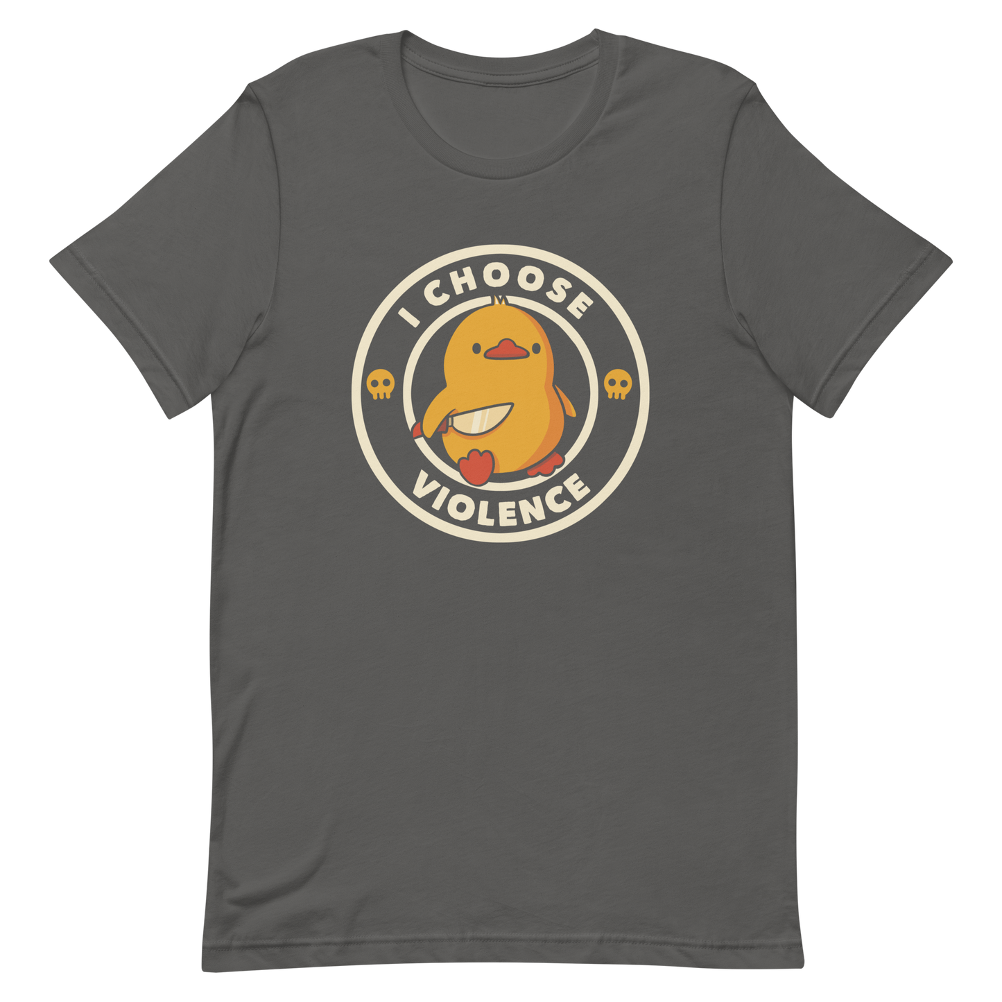 A cute, cartoon-style yellow duckling stands confidently holding a large knife in its wing. The duckling is encircled by text saying 'I CHOOSE VIOLENCE' in bold white letters. Small skull symbols flank the chick on either side, adding a touch of humor and irony to the otherwise adorable drawing.