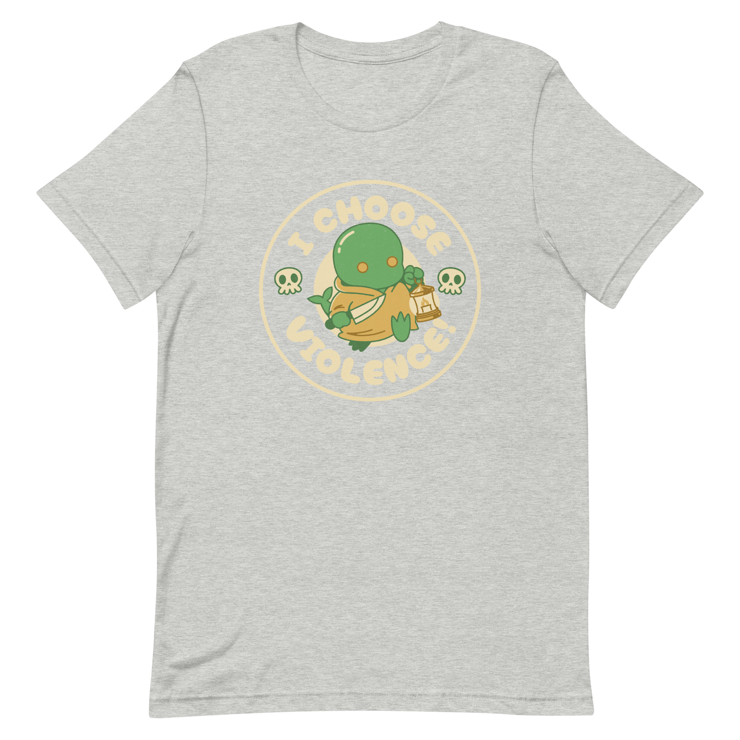 Cute green fantasy creature holding a lantern and a small weapon, surrounded by skull icons and the bold phrase “I Choose Violence!” in a circular badge-style design.