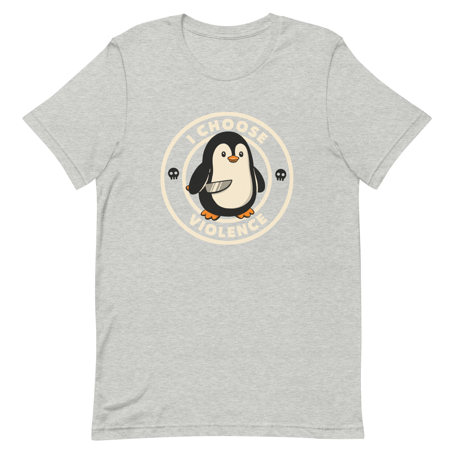 A cute cartoon penguin holding a knife stands in the center of a circular emblem. Surrounding the penguin are the words 'I CHOOSE VIOLENCE' with two small skull icons on both sides. The design is playful yet ironic, blending adorableness with a hint of dark humor.
