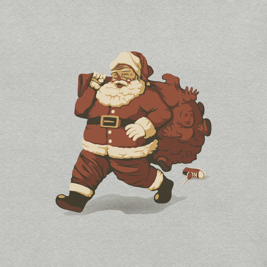 A cute Santa Claus carrying a red bag full of what appear to be gifts, but when you look closer you can see that there are several little boys. A fun art that mixes up the story that the good boys are going to get charcoal from Santa, but this time Santa is taking them.