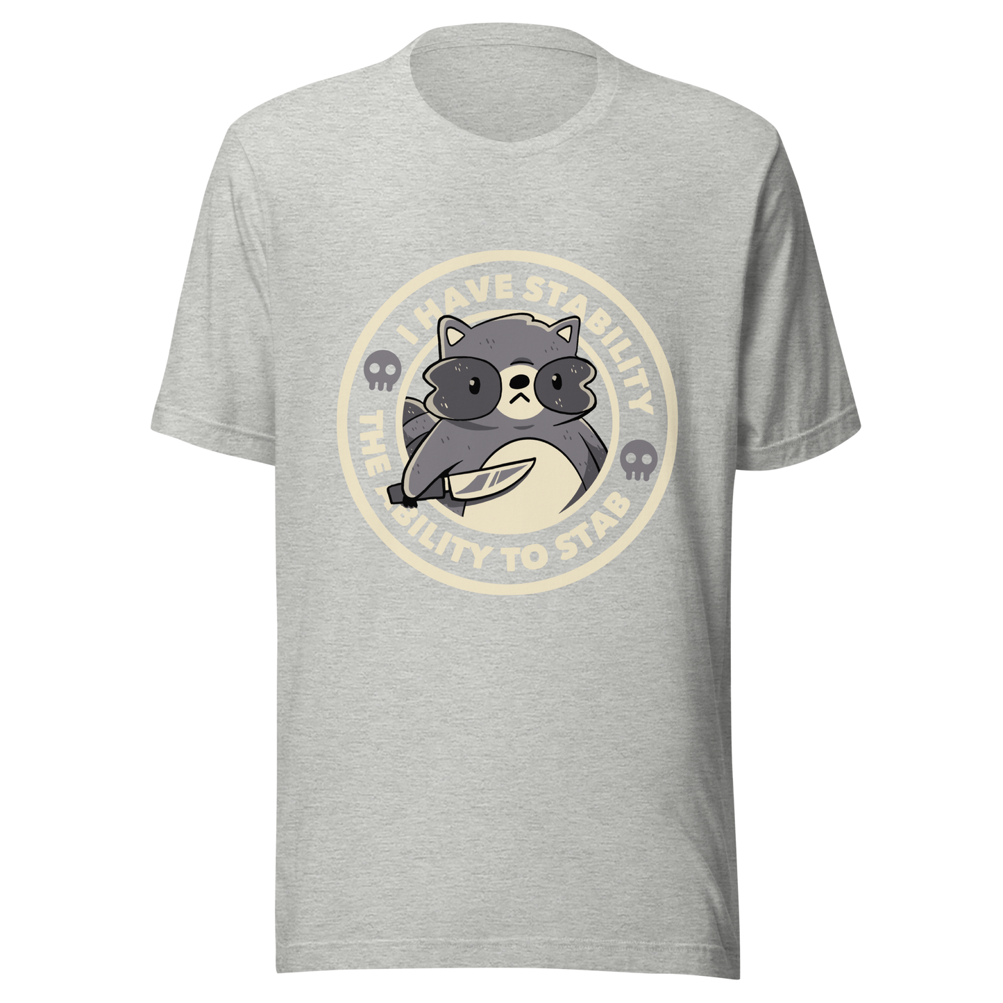 A stamp-like design features a raccoon holding a knife in the center, surrounded by the phrase "I Have Stability The Ability to Stab" decorated with hearts. Combining humor and cuteness, this art makes a pun using the trash that raccoons love to rummage through. Perfect for those who love raccoons, affectionate puns and especially for those who want to express affection in a unique way.
