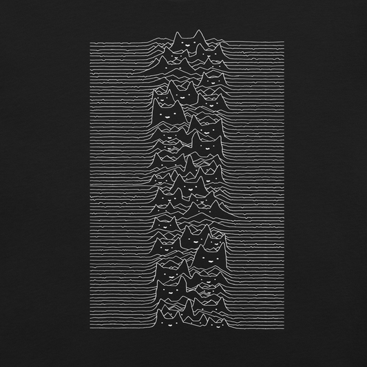 The drawing is a series of continuous wavy lines forming a pattern reminiscent of sound waves or topographic maps, but with an unexpected twist: the lines create the shapes of numerous cat faces stacked vertically. Each cat has simple, expressive features with pointed ears, adding a whimsical element to the otherwise structured pattern.