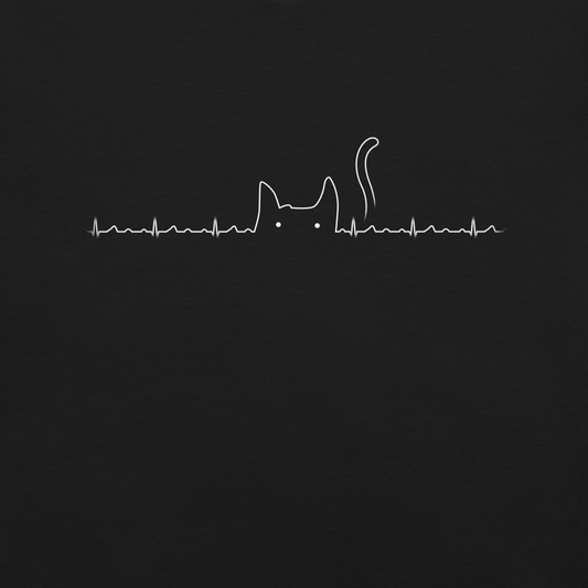 The drawing has a black background with a continuous white line depicting an electrocardiogram. Midway through, the line morphs into the minimalist outline of a cat's head with pointed ears and a tail, with two small white dots representing its eyes. The drawing creatively combines the elements of a heartbeat line and a simple cat illustration.