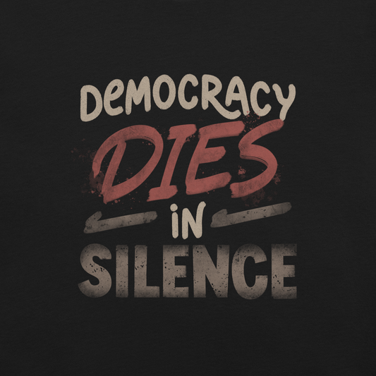 The artwork features the phrase "Democracy Dies in Silence" in bold typography, with the word "Dies" highlighted in deep red. It symbolizes the importance of speaking out, acting, and fighting to preserve democracy and fundamental rights. Ideal for activists, free speech advocates, and those engaged in social and political causes.