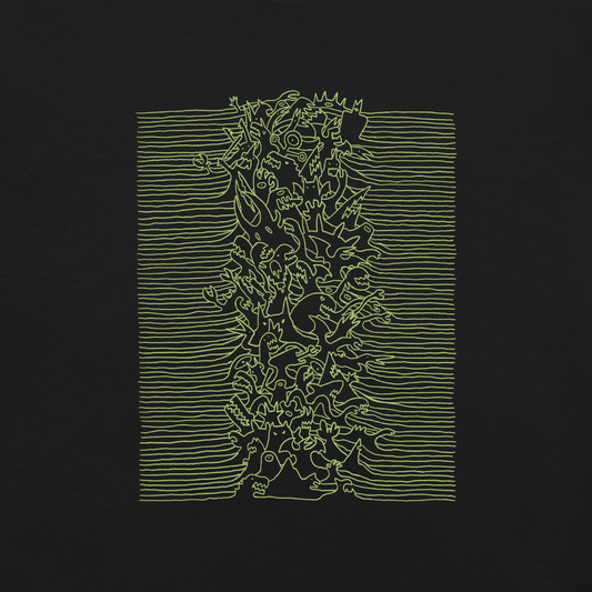 A minimalist illustration composed of lines that form several small monsters and dinosaurs. The perfect gift combination for those who love music and fun little monsters.