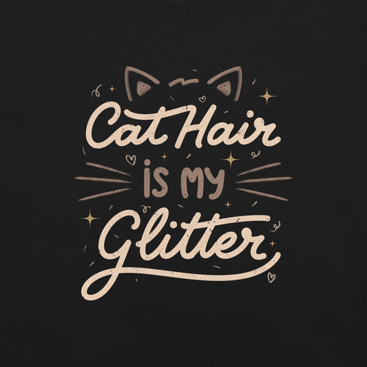 This artwork features fun lettering with the phrase "Cat Hair is My Glitter," accompanied by cat ears, hearts, and gold glitter. It humorously celebrates the lives of those who live with cats and have grown accustomed to having fur everywhere. Ideal for feline lovers who wear their furry coats as if they were real glitter.
