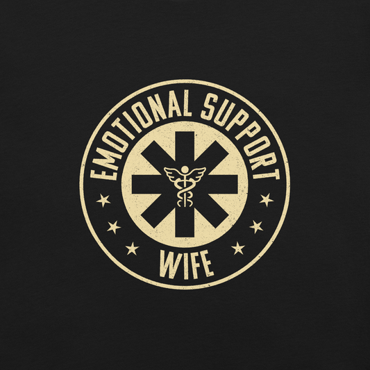 Designed in the shape of an official stamp with the phrase “Emotional Support Wife” accompanied by the medical symbol and a vintage aesthetic. A fun (and perhaps somewhat true) statement about the emotional role of wives in a couple’s life. Perfect for a gift for the caring partner, the therapist husband or the comedian in the relationship.