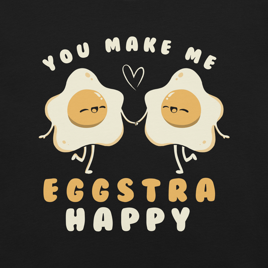 A fun and cute art of two bouncy starry eggs as if they were lovers, next to them the phrase "You make me eggstra happy". A humorous gift that combines love and eggs.