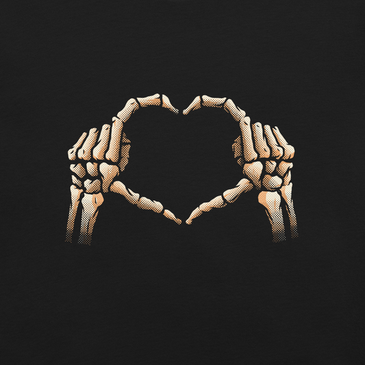 Two skeleton hands forming a heart with their fingers, an art that combines humor with love and is perfect for those who love Halloween.